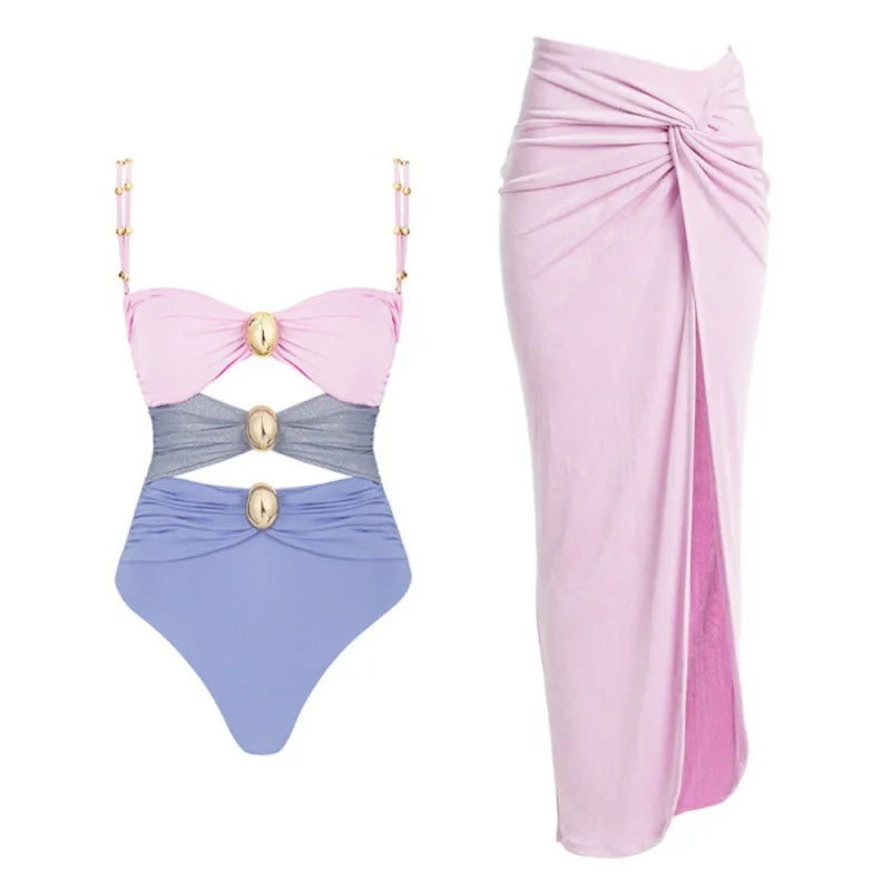 One-Piece Swimsuit and Skirt Blue Swimwear Bikini Female Vocation Bathing Suit Beachwear Beach Dress Sarong