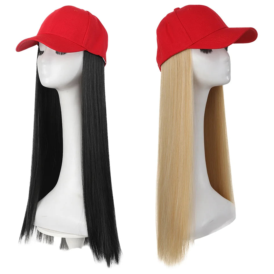 Hat Wigs-synthetic 22inch red baseball cap straight hair wig ducktail long straight hair wig hat extensions wigs christmas hat
