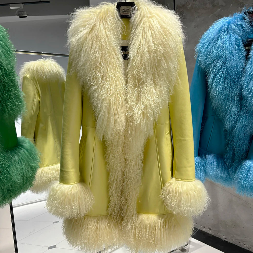 YOLOAgain Mongolia Sheep Fur Jacket Women Real Leather Coat Suede Jacket