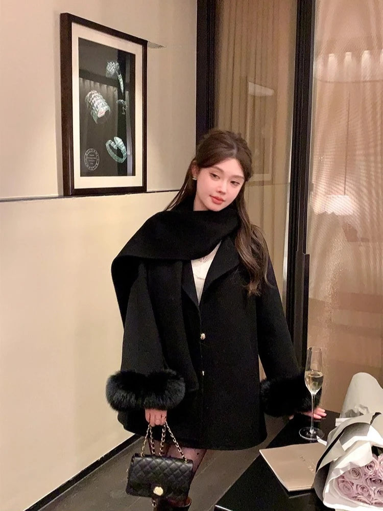 Elegant Wool Coat Warm Women Double Faced Luxury Real Fox Fur Sleeves 100 Wool Scarf Autumn Winter 2025 New Fashion Trench Coat