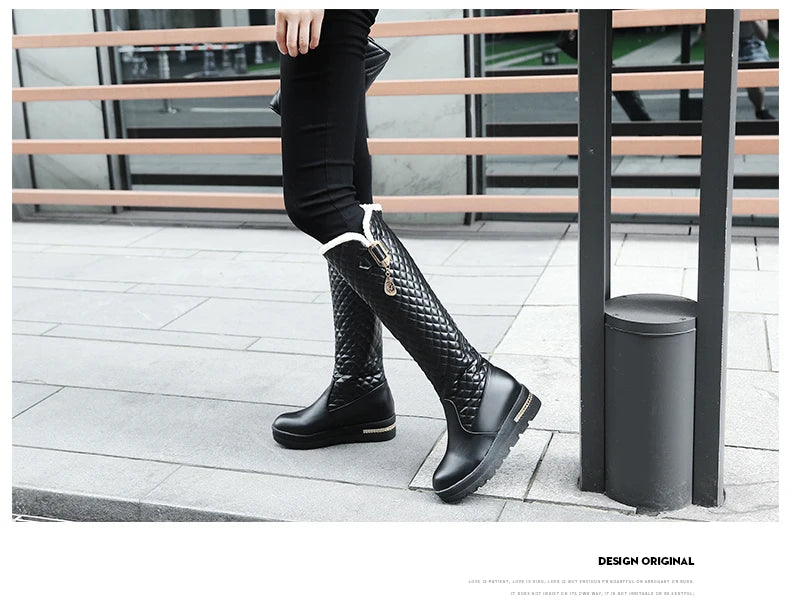 Raised Checkerboard With Metal Square Buckle Warmth Plush Lining Women's Snow Boots Flat Bottoms Elevated Knee Length Boots