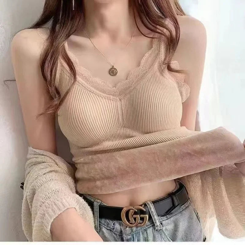 Thermal Underwear Inner Vest For Women Warm Winter Sexy Lace Sleeveless Tank Tops Padded Bra Thermo Thick Slimming Undershirt