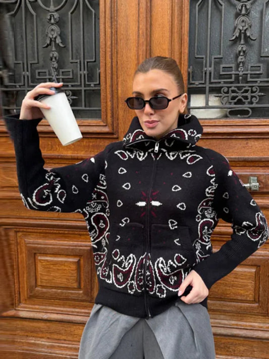 Jacquard Knitted Women's Cardigan Sweater Fashion Zipper Loose Pocket Casual Lady Sweaters 2026 Spring Street Long Sleeve Top