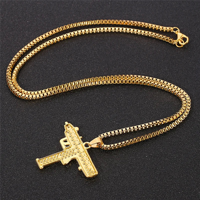 Gold Plated Uzi Gun Pendant Necklace for Men Full Crystal Bling Submachine Chain Hip Hop Accessory Male Jewelry