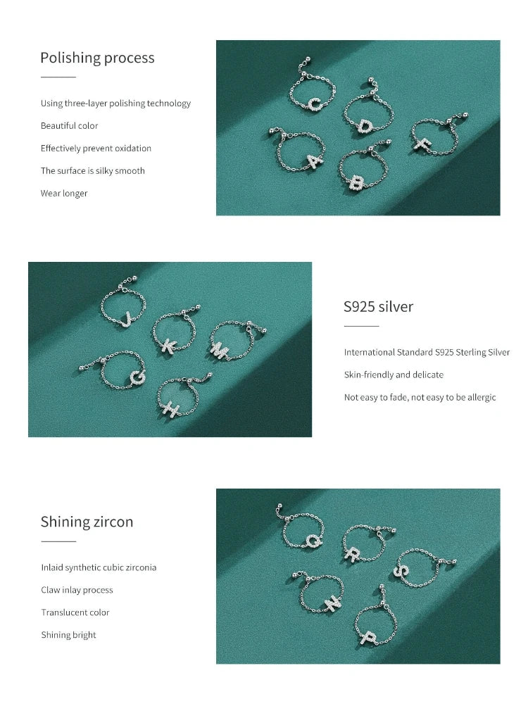 925 Sterling Silver Fashion Letter Chain Adjustable Full Zircon Ring For Women Party Personalized High Quality Fine Jewelry