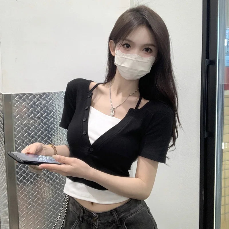 Summer Women Sexy Club Bodycon Tops Lady Hanging Neck Crop Short Sleeved T-shirts Female Fashion Comfortable Black Gray Clothes
