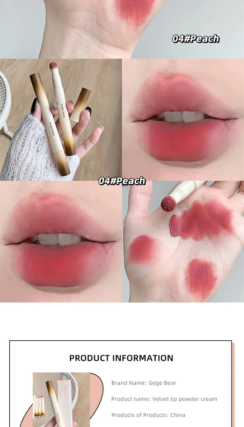Gege Bear Velvet Matte Lip Powder Cream — Soft Velvet Finish, Natural-Looking and Skin-Tone Enhancing, Long-Lasting,