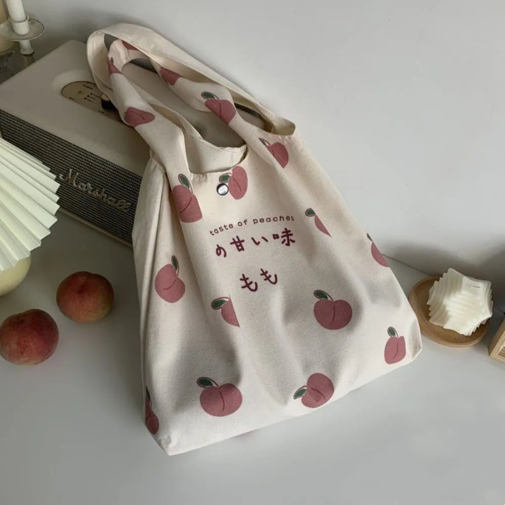 Cute Strawberry Tote Bag Aesthetic for School Girls Purses Shopper Designer Handbag Women Peach Print Eco Shoulder Bags
