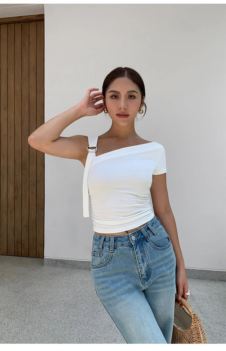 Women Tops Summer Sexy Off Shoulder Crop Tops Casual Female Sling T-shirt Short Sleeved Elastic Fashion White Tees Slash Neck