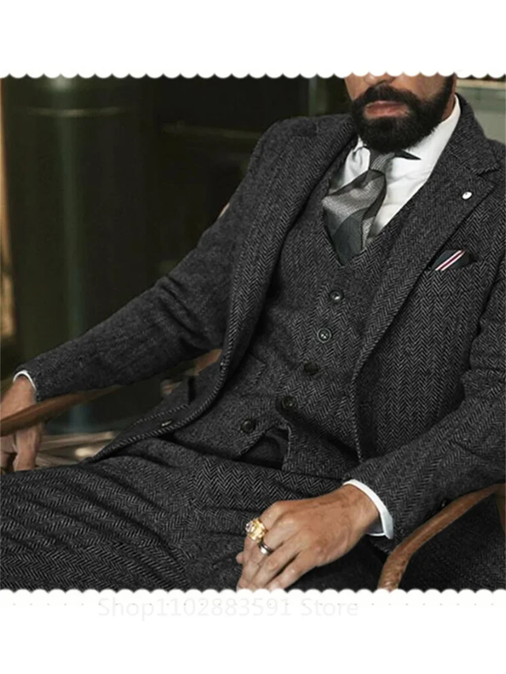 3 Piece (Jacket +Vest +Pants) Gray Wool Tweed Winter Men Suit's For Wedding Herringbone Male Formal Groom Tuxedo Fashion