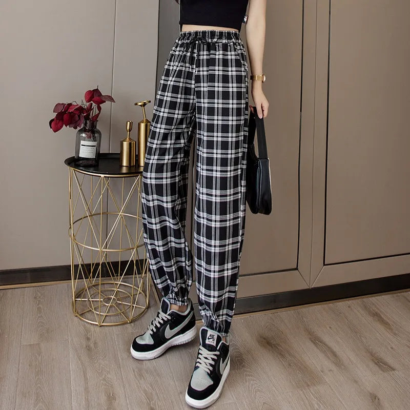 Pants Women New Bunch of Feet Fashion Loose Black Plaid Summer Harajuku Students Streetwear Harem Long Trousers Womens Chic