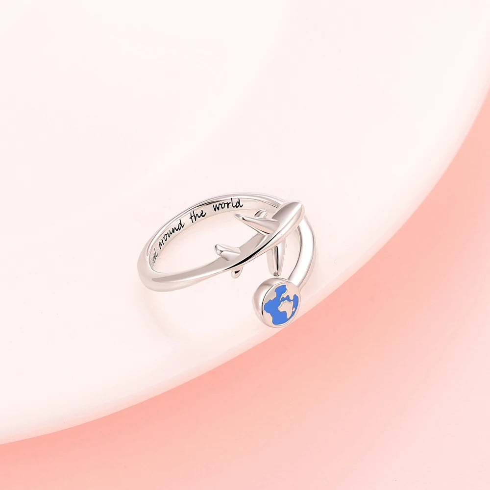 925-Sterling-Silver Adjustable Open Airplane Rings Engraved "Travel Around the Word"Engagement Ring Gifts for Women Teen Girls