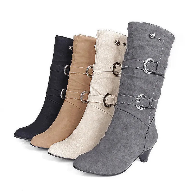 2026 New Fashion Women Boots Chunky Heeled Casual Round Toe Woman Shoes Autumn Winter Mid-Calf Boots Women with Buckle  WSH3476