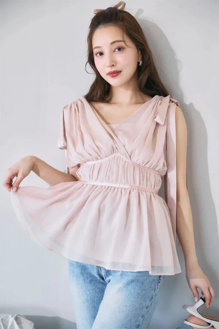 Women's Tops Summer Bow Tie Sweet Elegant Blouse Femme V Neck Shirt Waist-Cinching Japanese Style Sleeveless Chiffon Blouse