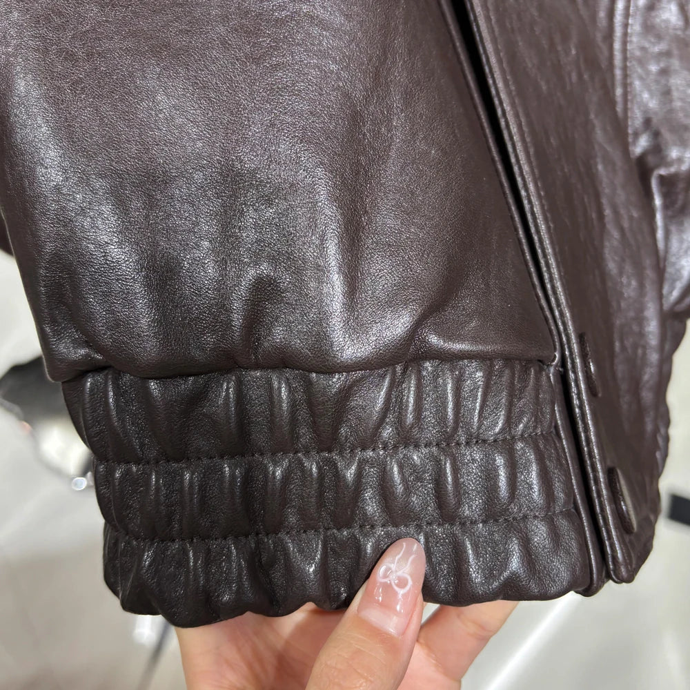 2025 Black Grained Leather Jacket Oversized Leather Coat Stand Collar Real Sheepskin Coat