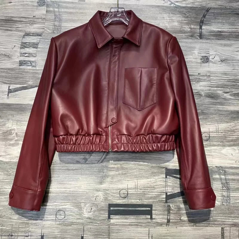 European 2025 New Fashion Short Leather Jacket For Women Casual Elastic Band Waist Top Clothing Mujer Varsity Claret Veste