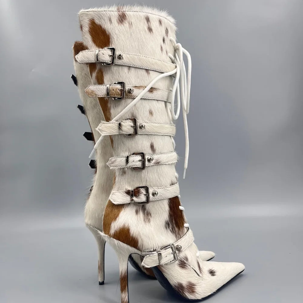 Horsehair Metal Rivet Buckle Betl Long Boots Thick Heel Sexy Pointed Toe Zipper New Arrivals Fashion Women Modern Boots
