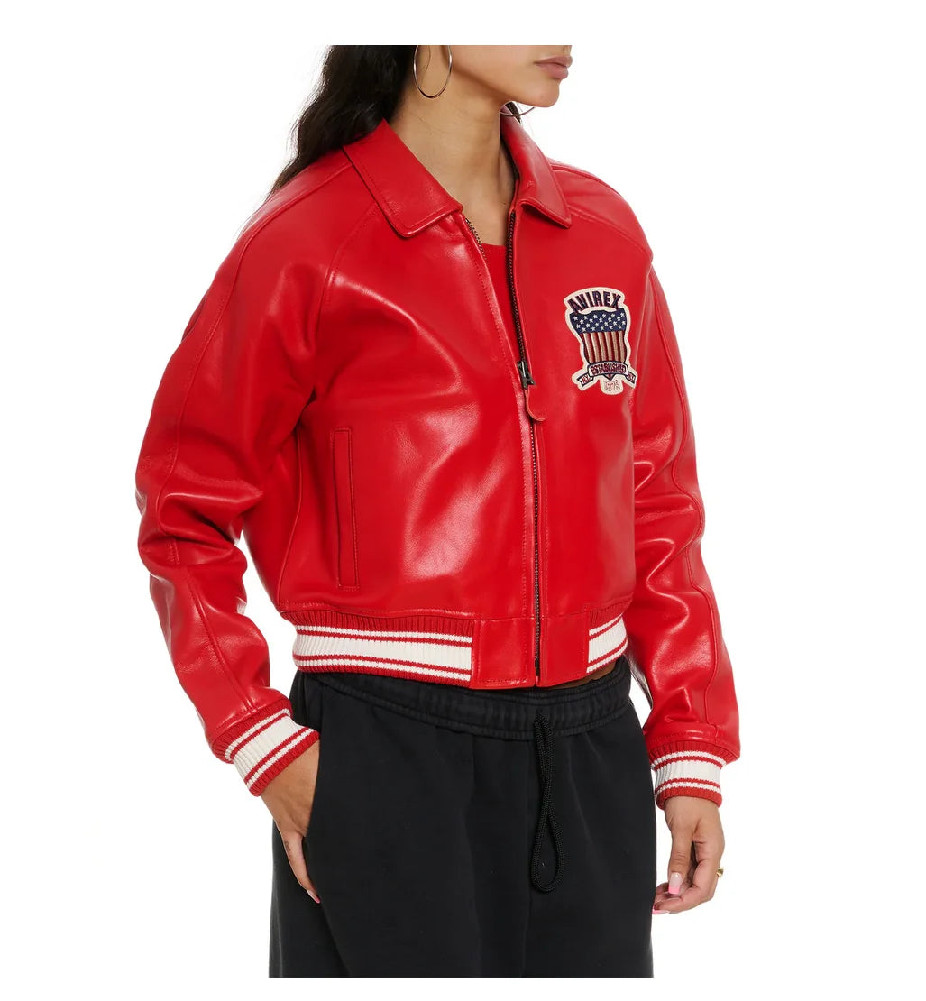Avirex Spring 2024 New Listing Bomber Flight Suit Jacket 100% European Antique Sheepskin Classic Women's Pink Leather coat tops