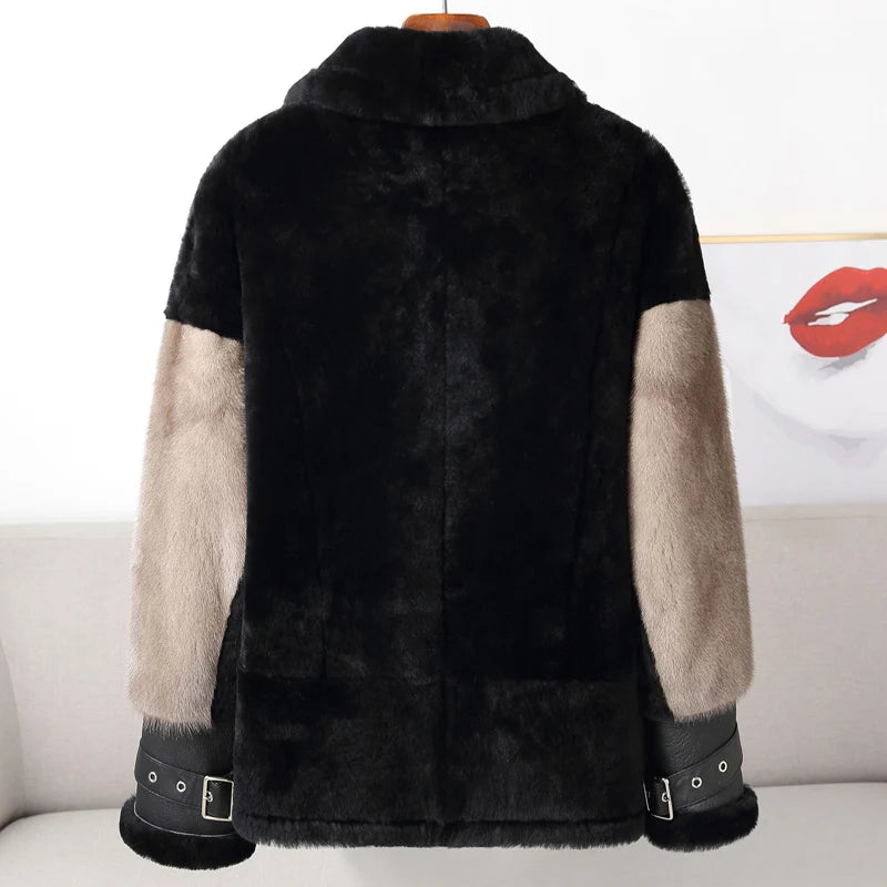 Sheepskin Coat For Women Winter Merino Fur Real Sheep Fur Jacket With Real Mink Fur Sleeve Motorcyle Female Winter Clothings