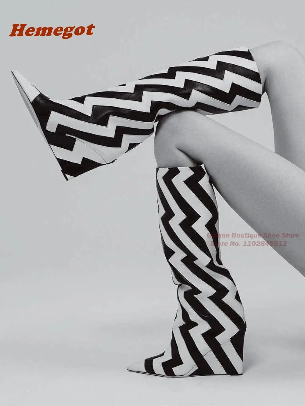Zebra Pattern Pointy Toe Wedges Boots Slip On Knee High Boots for Women Winter 2024 Newest Luxury Casual Shoes Warm Softwear
