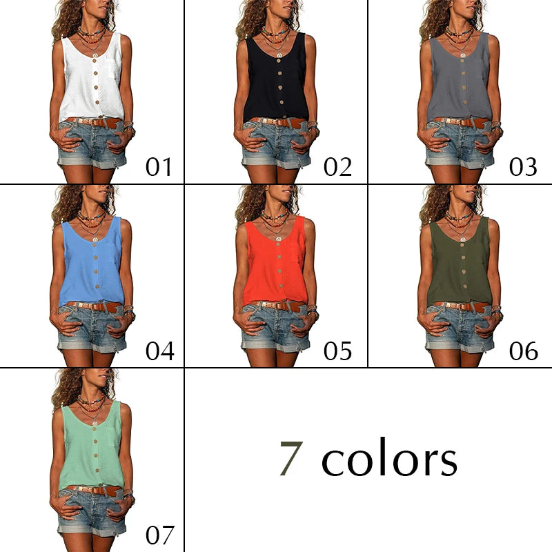 Women Summer Loose Vest Tops Buttons Chiffon Blouse Holiday T Shirt Casual Cami Tank Top Sleeveless Base V-neck Camisoles