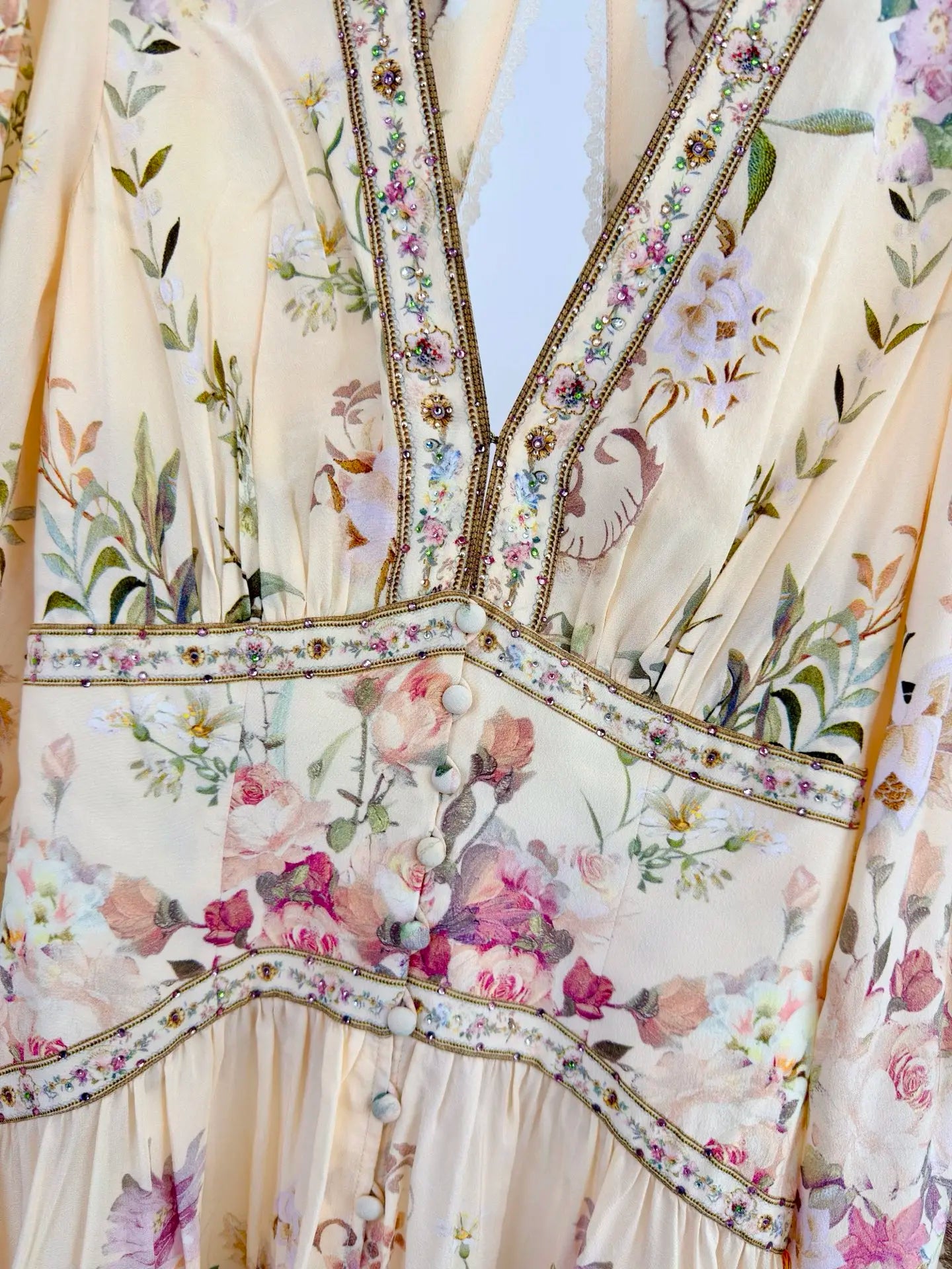 Women Silk Flower Printed Long Dress Heavy Beaded V-Neck Lantern Sleeve Loose Female dress