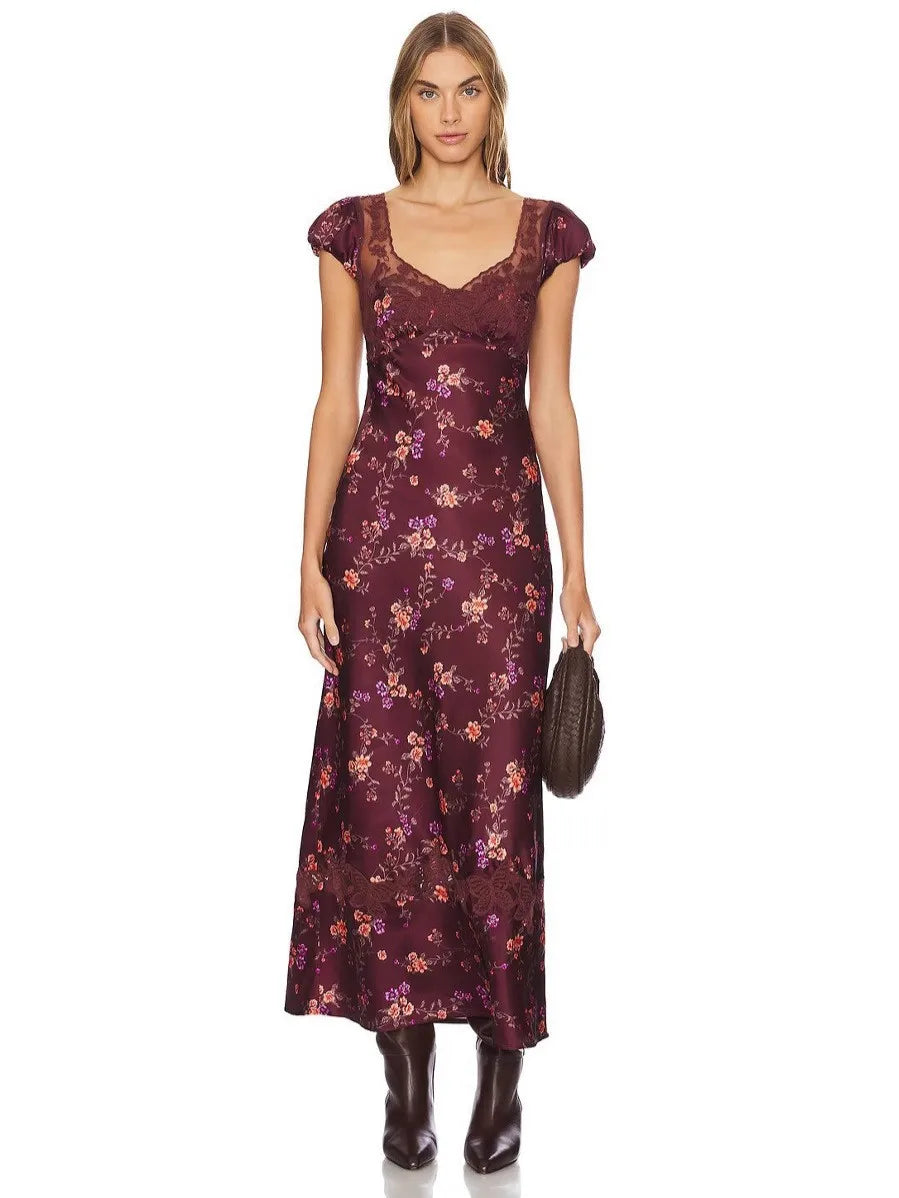 Luxurious Silk Satin Long Dress Elegant Puff Sleeve Polka Dot Floral Gown Sexy Open Back Midi Dresses for Evening Cocktail