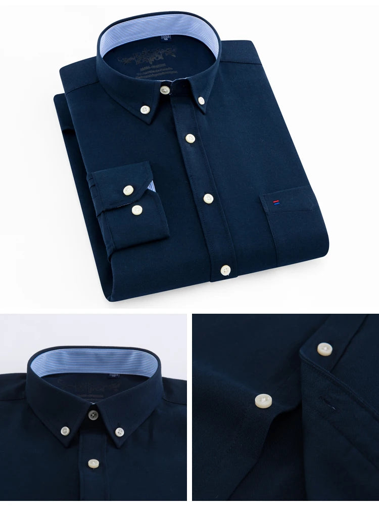 Men's Fashion Long Sleeve Oxford Work Shirt Single Patch Pocket Simple Design Embroidered Regular-fit Casual Button-down Shirts