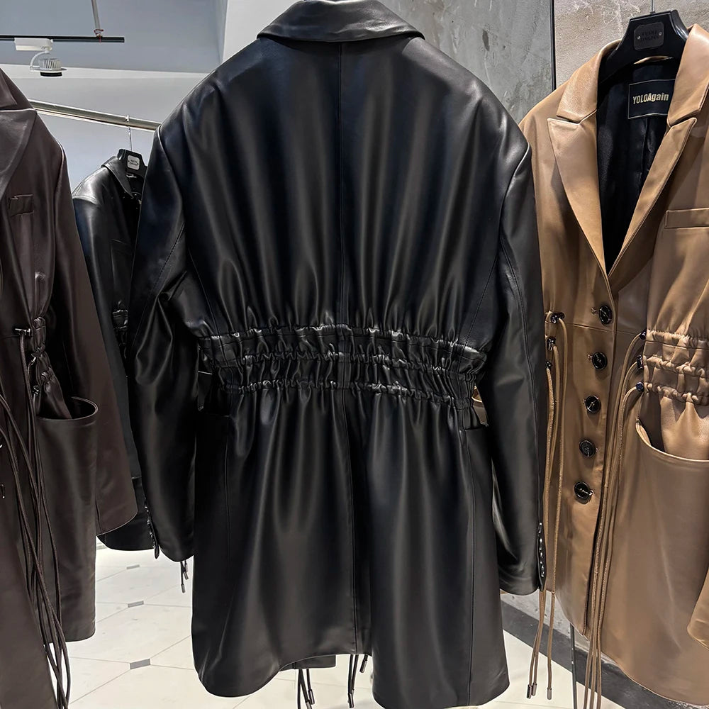 YOLOAgain Women's Leather Jacket Genuine Sheepskin Coat Single Breasted