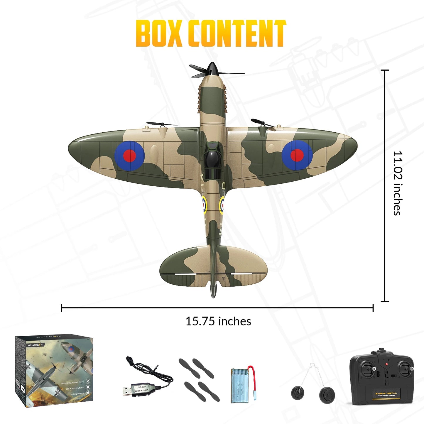 Volantexrc 3CH Spitfire RC Plane 2.4G Gyro Stabilizer 400MM 400MM Fixed Wing EPP Foam Airplane RTF Fighter for Boys Children ﻿