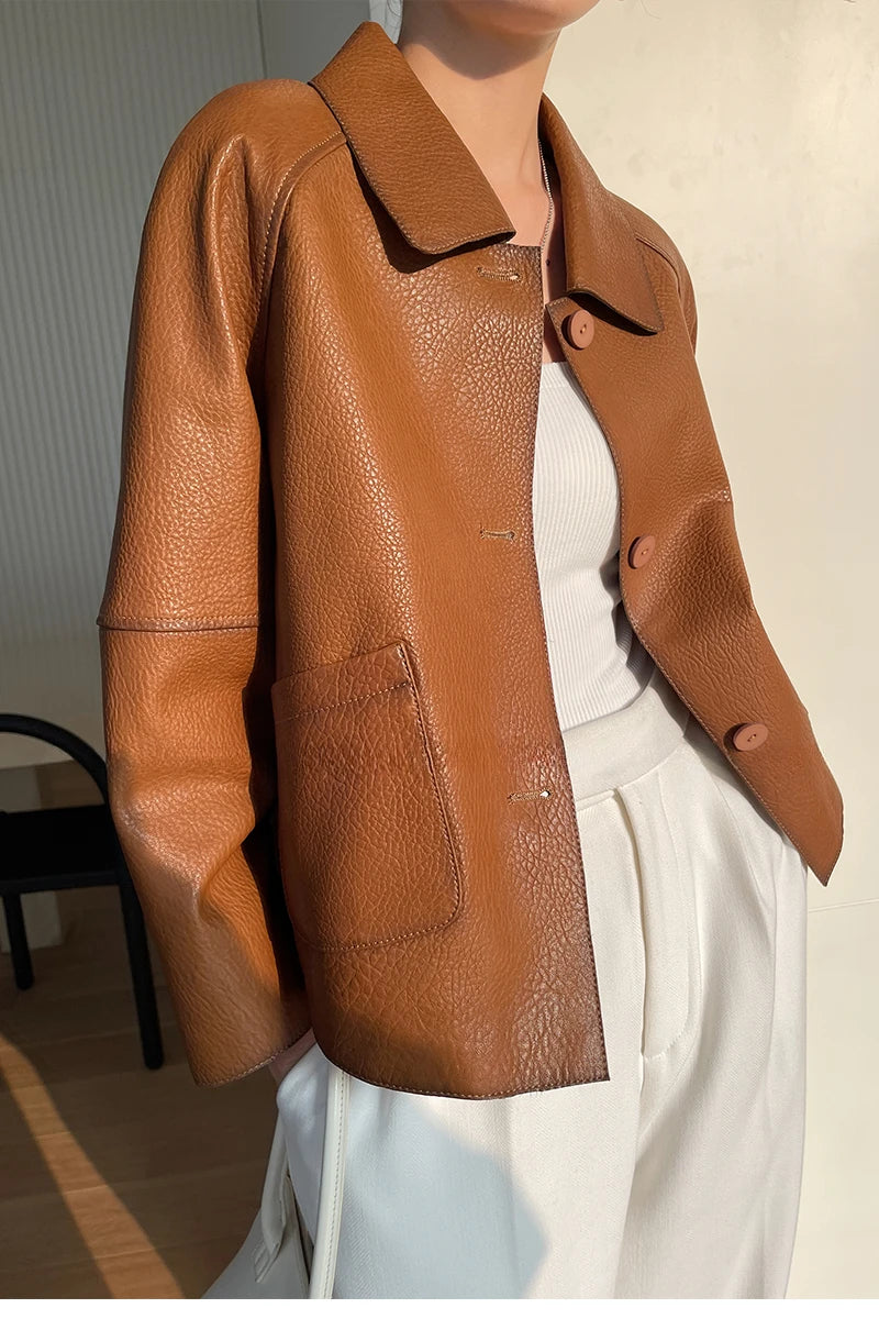 High-end Simple Natural Sheepskin Coats for Women 2025 New Trend Casual Single-breasted Lychee Texture Genuine Leather Jacket