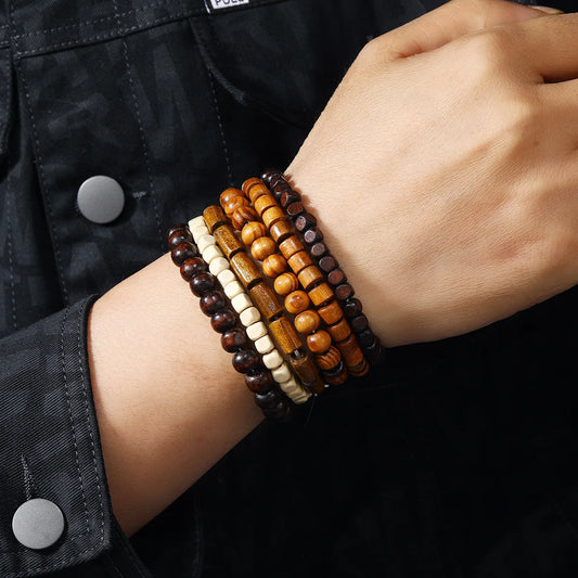 Men Retro Folk Style Jewelry Design Diverse Multi-color Multi-layer Suit Wooden Beads Elastic Bracelet  Jewelry For Men