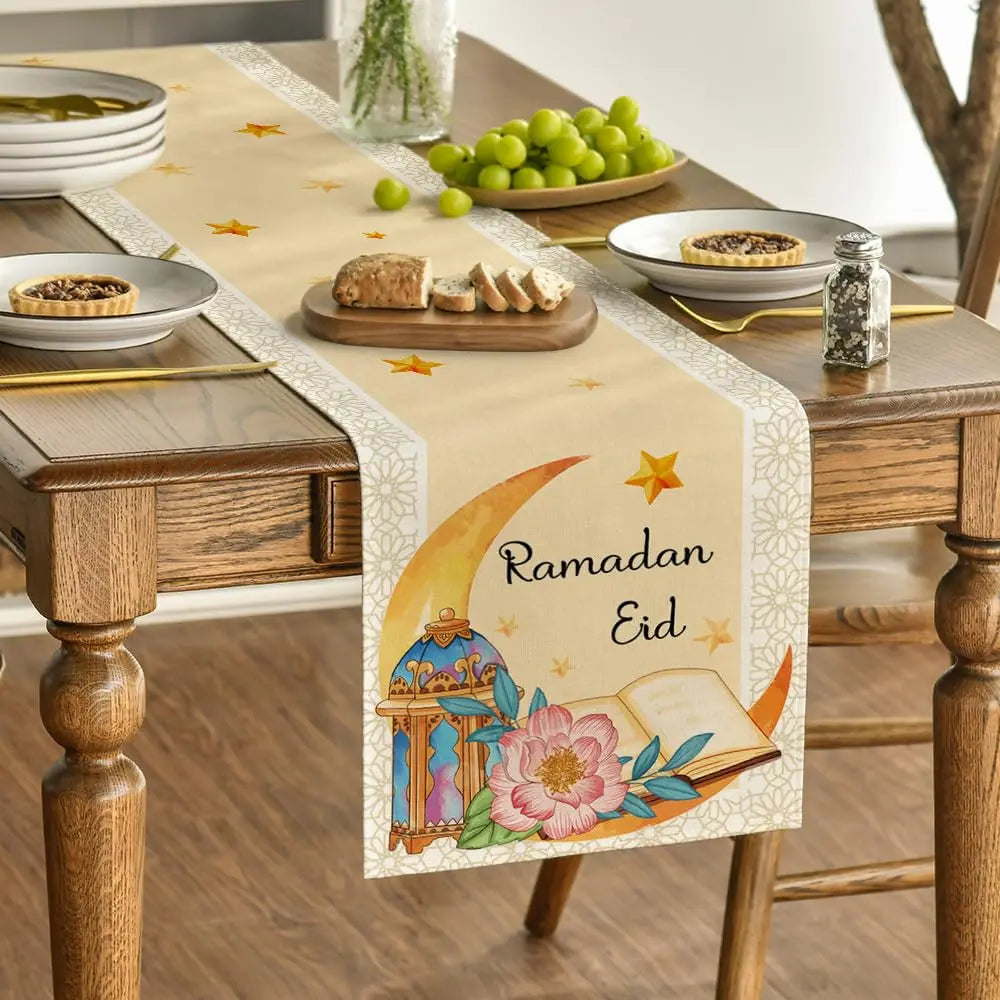 Lantern Star Moon Ramadan Table Runner, Eid Kitchen Dining Table Decoration, Home Party Decor, Seasonal, 13x72 Inch