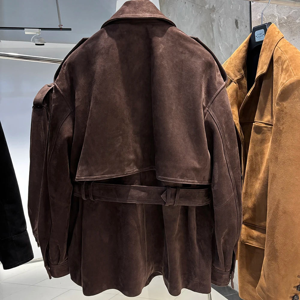 YOLOAgain Real Leather Suede Jacket Women Dark Brown Single Breasted Leather Coat With Belt