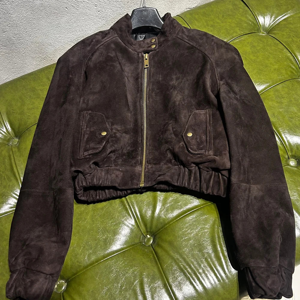 Cropped Suede Brown Women Jacket Drop-shoulder Real Leather Jackets 2025 New Outerwear