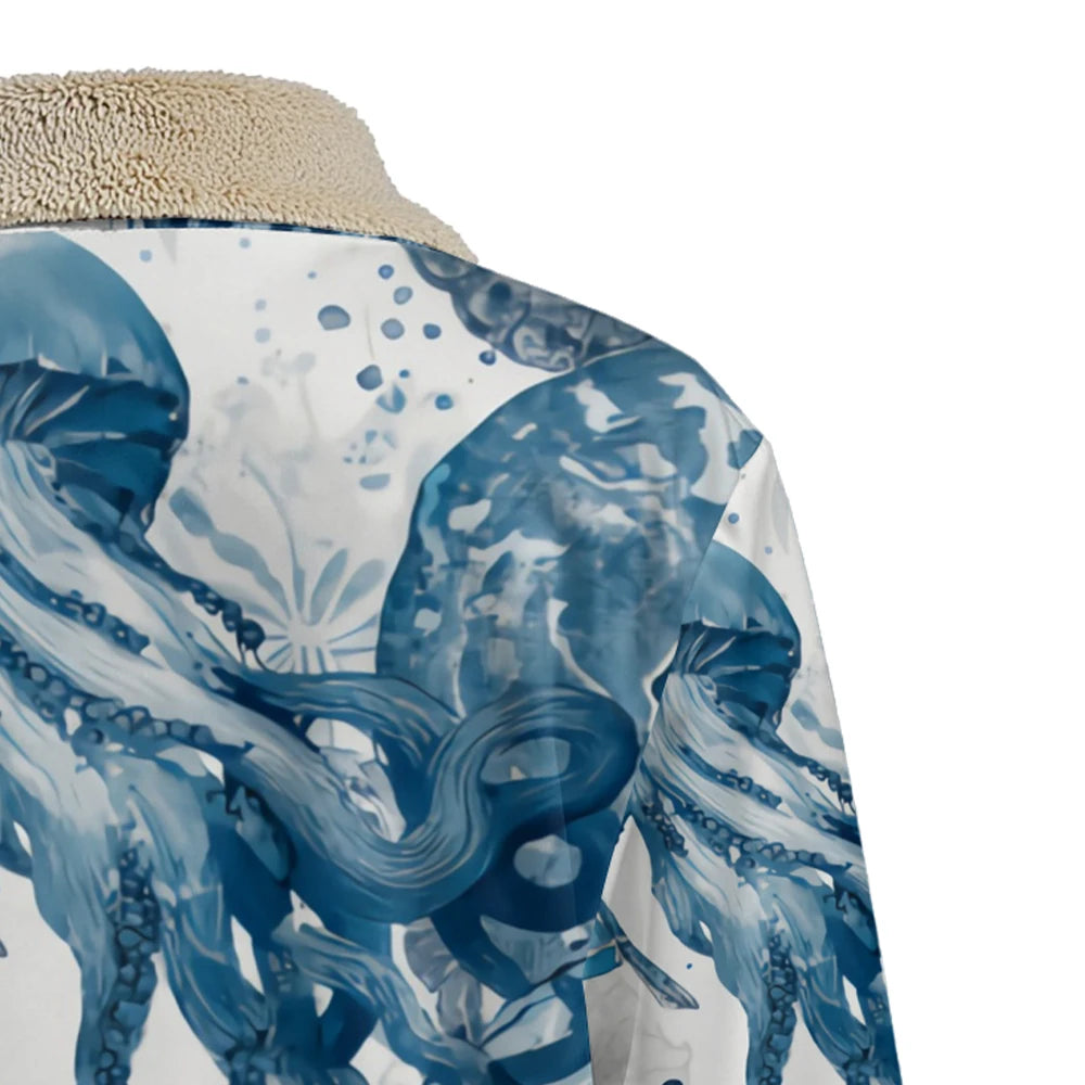Winter Aesthetic Jacket Marine Life Print Long Coats Whale Turtle Jellyfish Pattern Faux Fur Collar Unisex Coastal Style