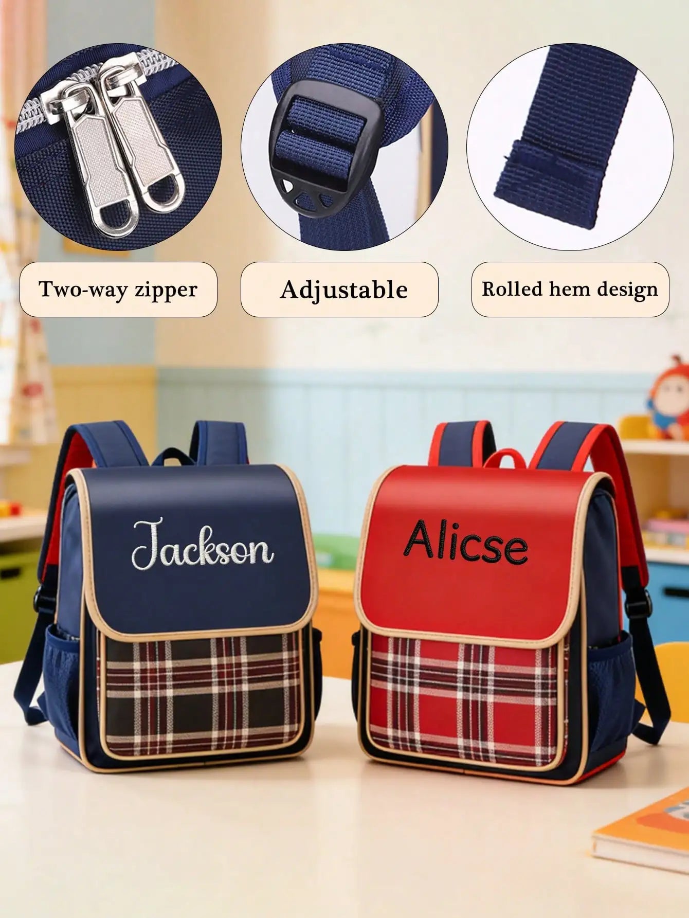 Custom Embroidery Name Kids School Backpack Plaid Children Bag Boys Girls Student Bookbag A4 Size Waterproof Kindergarten Bag