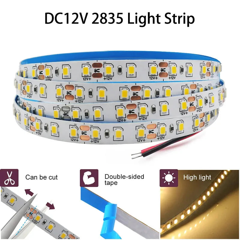 12V 24V 5m LED Strip Light 2835 120/180/240 LEDs Flexible Tape Bright 8mm PCB  Home Decoration