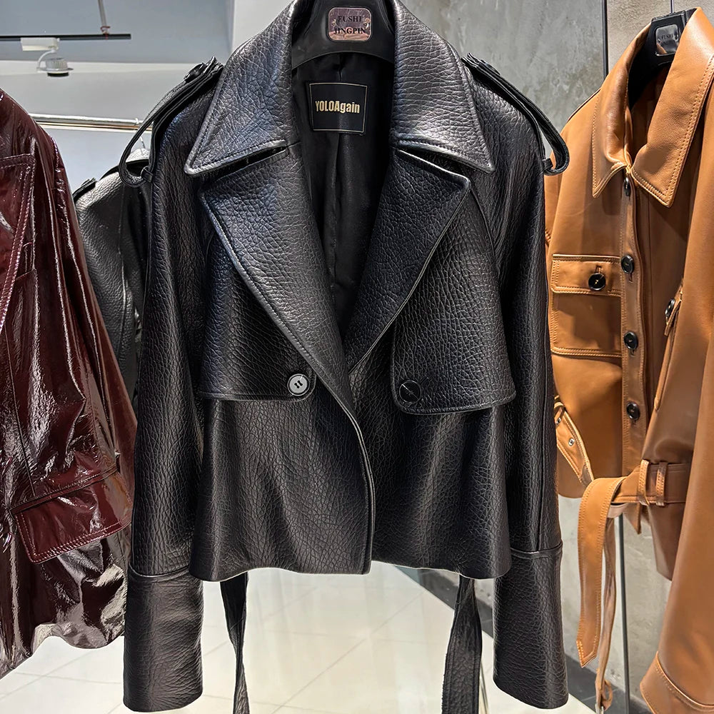 YOLOAgain Real Leather Jacket Women Burgundy Grain Leather Jacket With Belt