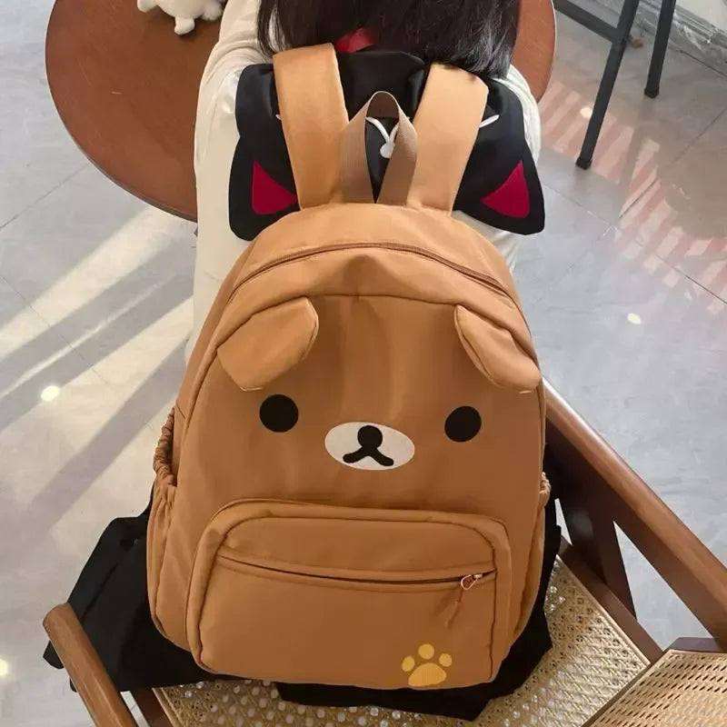 Rilakkuma Kawaii Cartoon Backpack Waterproof Nylon Large Capacity Embroidery School Bag For Young Adult Daily Travel Campus Work