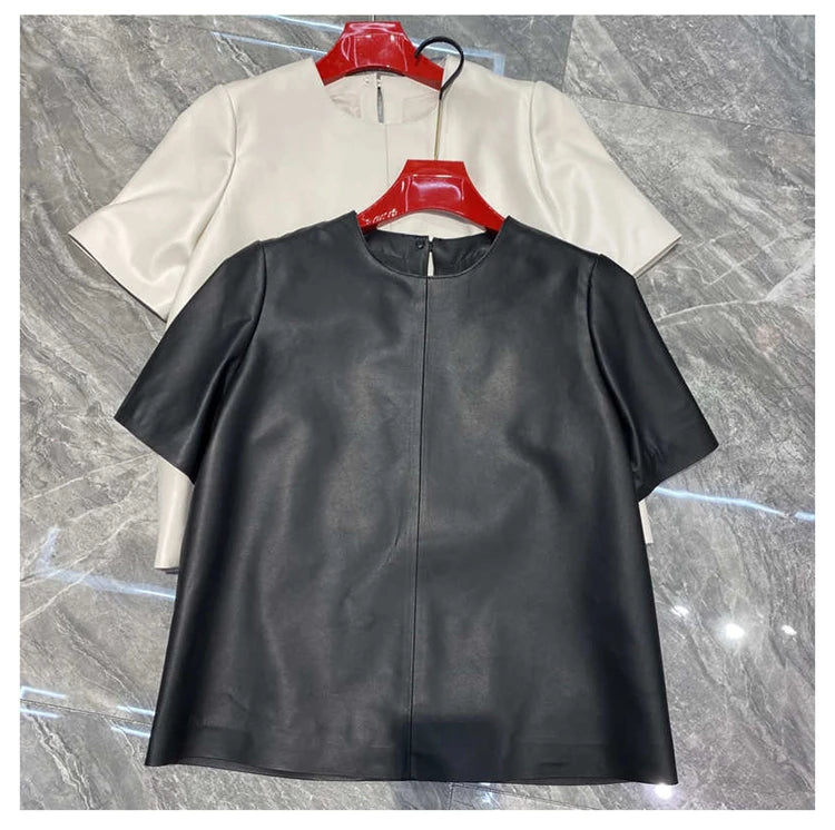 Genuine Leather Tops for Women 2025 Spring/Summer Short Straight Sleeve Round Neck Pullover Shirts & Blouses Thin Suede Blusas