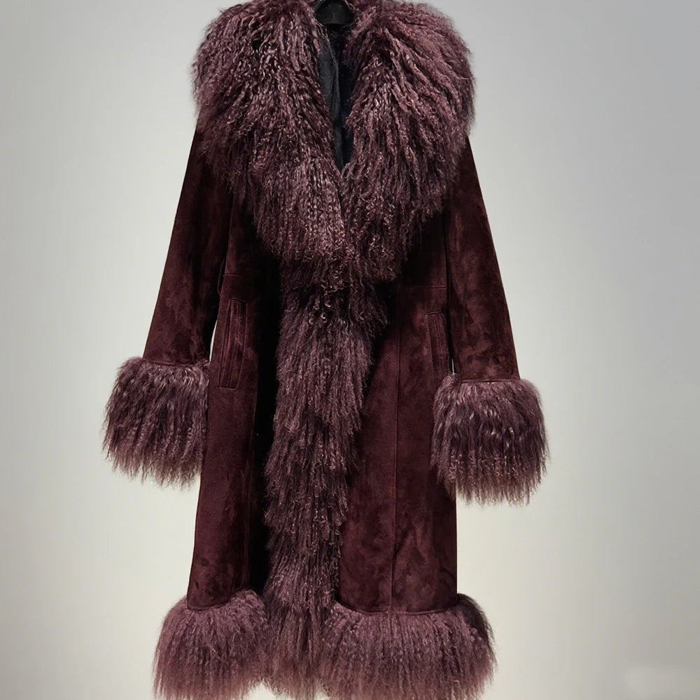 Winter Suede Long Fur Coat Mongolia Long Sheep Fur Collar New Arrival Camel Fur Jacket
