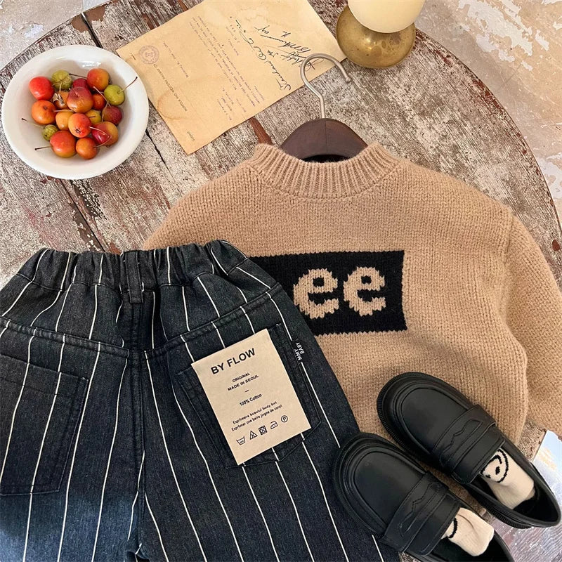 Boys Sweater Cotton Undercoat 2022 Letters Warm Thicken Velvet Winter Autumn Snowsuits Knitting Children's Clothing