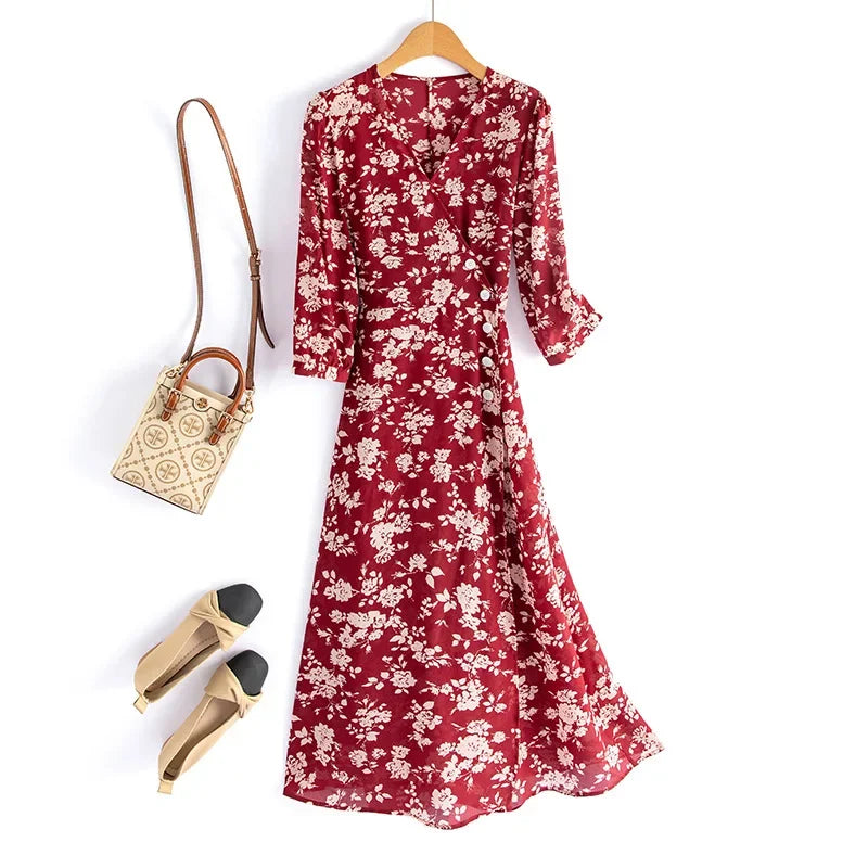 Silk Dress Summer New 2025 Women French Temperament V-neck Five-point Sleeve Printed Mulberry Silk Tea Break Dress