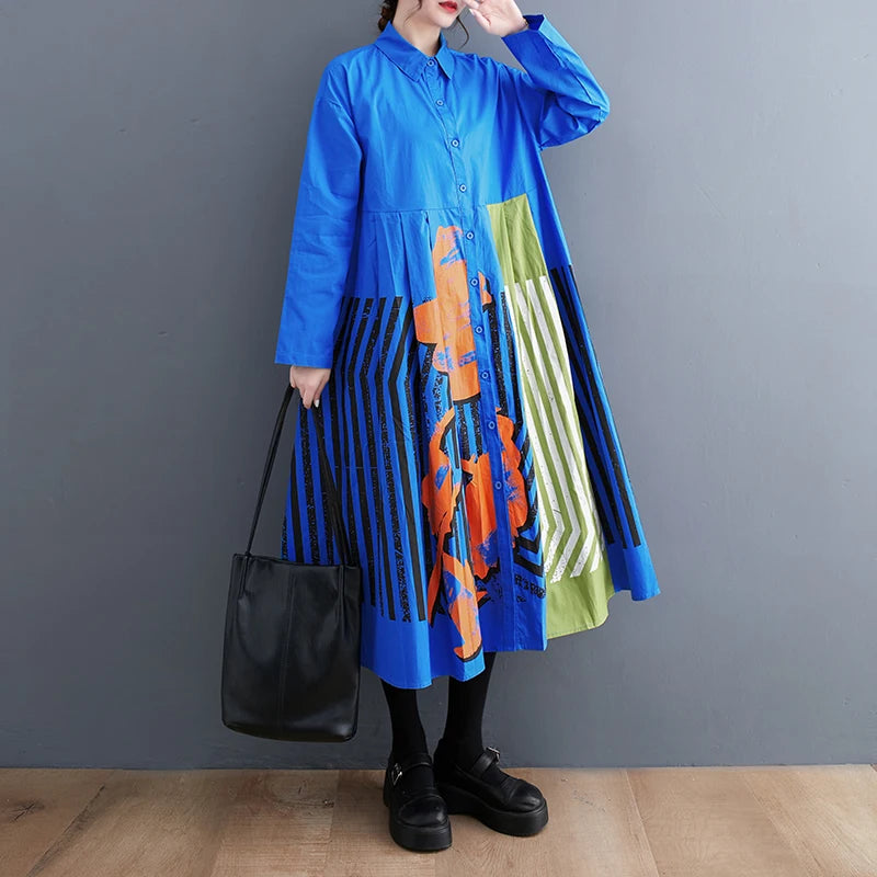 Long Sleeve Patchwork Vintage Print Dresses For Women Loose Casual Midi Dress Robe Fashion Elegant Clothing Spring Autumn 2025
