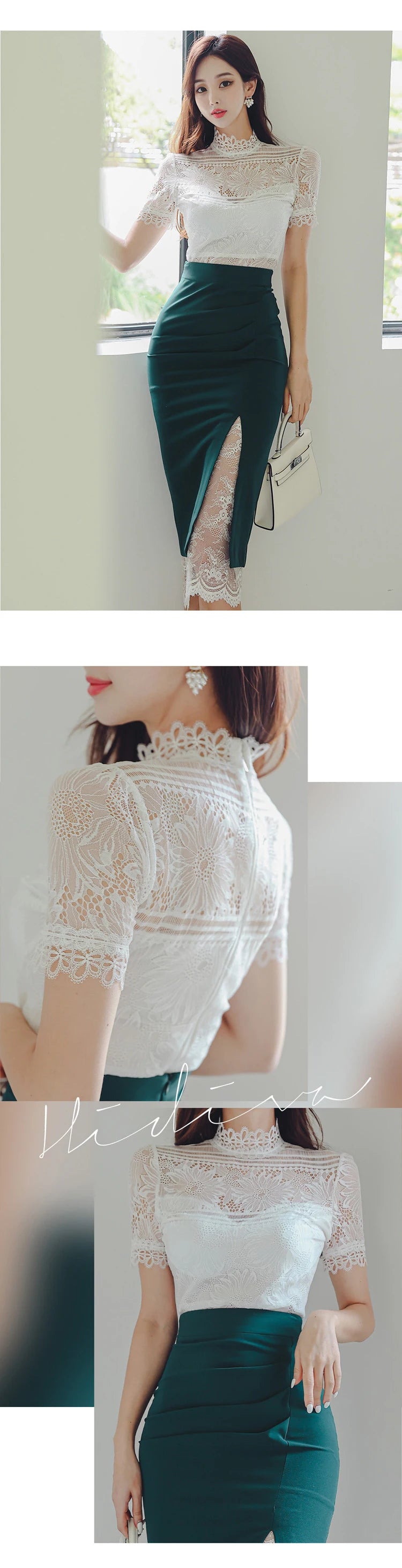 Summer Women Clothes Fashion Elegant 2 Pieces Outfit Sheer Sexy Lace White Tops Shirt Blouse And High Waist Midi Skirt Mujer Set