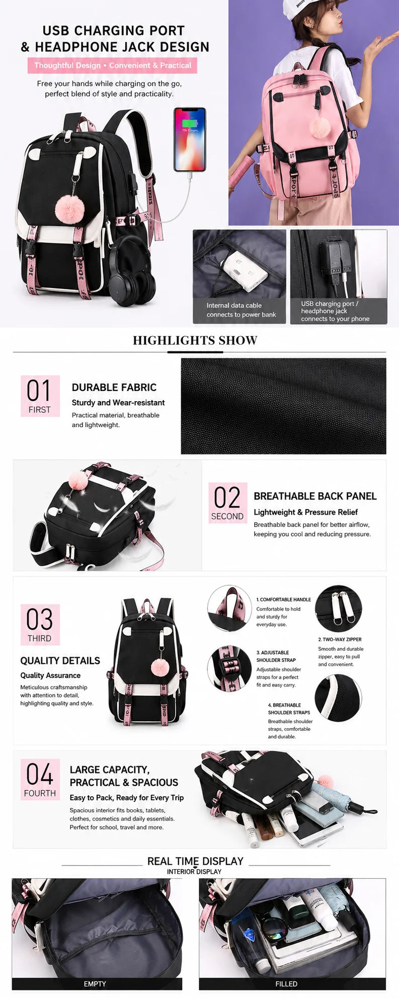 Trendy Girl Group School Bags for Students Girls Large Capacity Travel Book Bag Usb Charging Laptop Backpack Children Backpacks