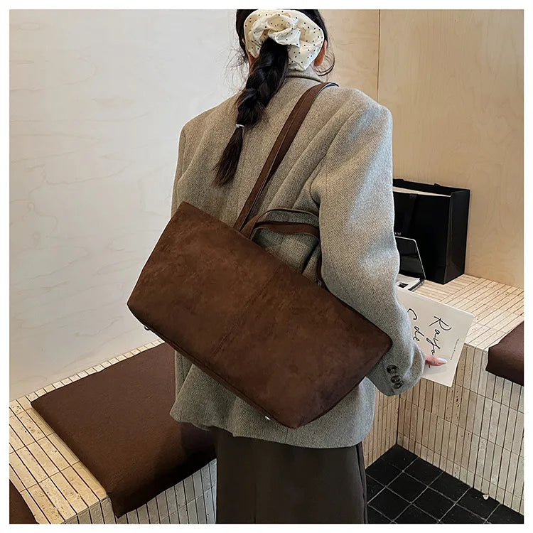 Large Capacity Tote Women Bag Retro Faux Suede Shoulder Bag Quitting Designer Bags for Women Handbag Commuting Shopper Purses