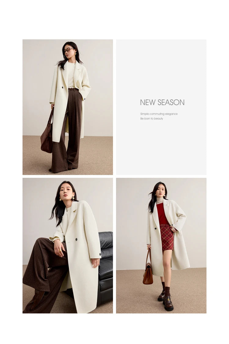 SENTUBILA Women's 100% Wool Double-Faced Coat Winter 2025 Suit Lapel Collar Classic Commuter Style Long Overcoat W54OA8779