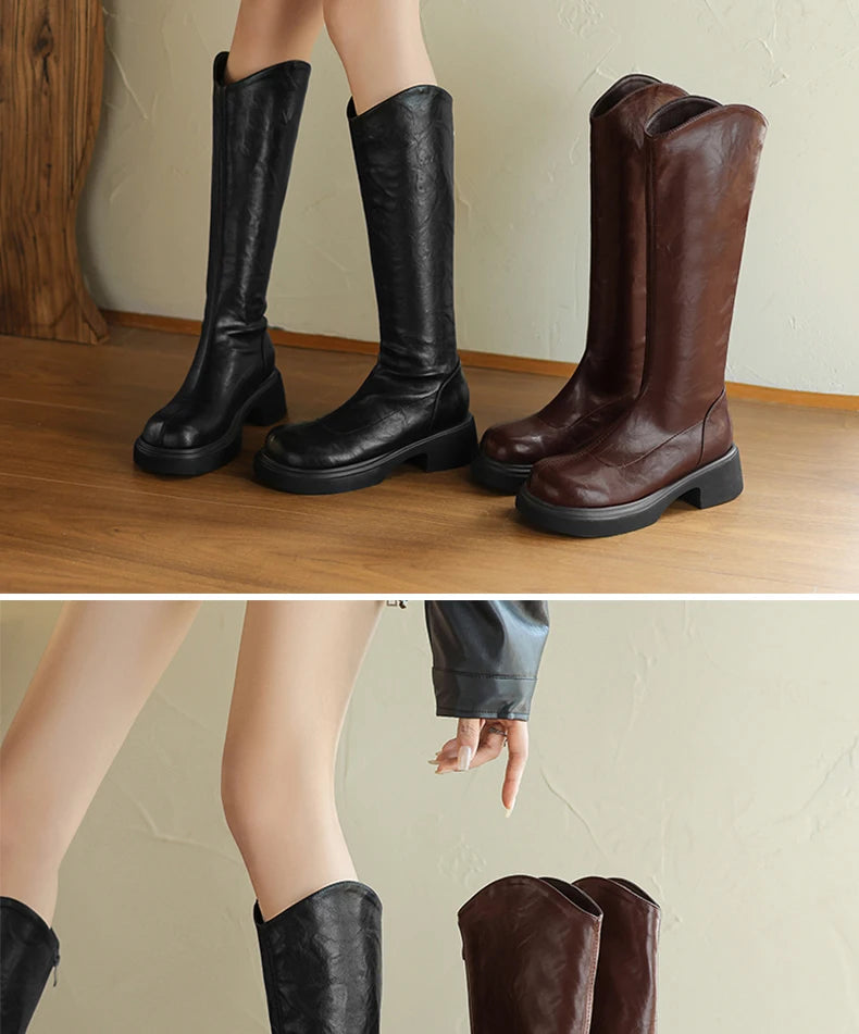 Ods  Footwear Elegant Heeled Shoes for Women Brown Ladies Boots Platform Winter Knee High Shaft Heels Long Boot Lady 40 41 42 43